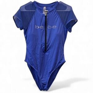 Bebe One Piece Swim Monokini Sexy Bathing Suit Zip RashGuard Crystals L RARE
